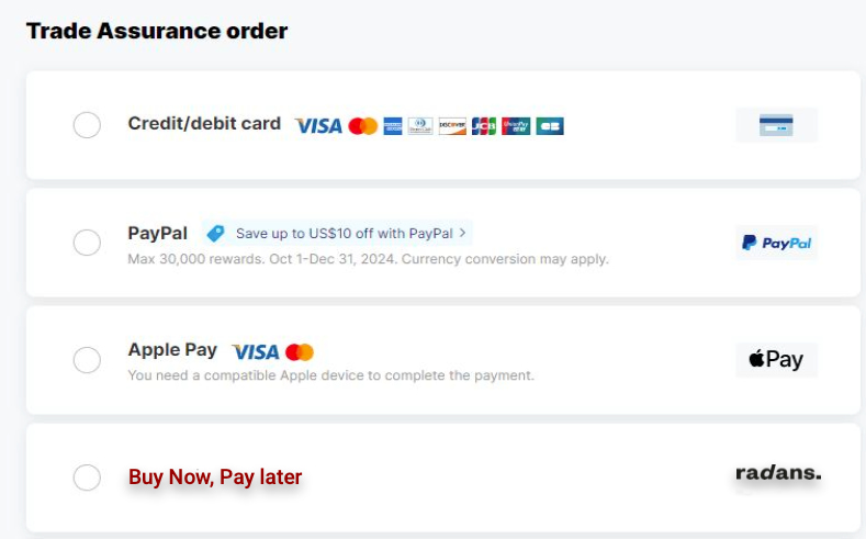 Buyer selects Radans at checkout